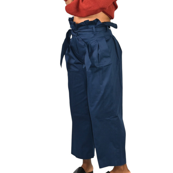 M Martin Pants Blue Cotton Sateen Trousers Wide Loose Straight Crop Paperbag 2 - Picture 10 of 14